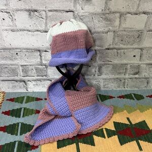 Handmade Striped Knit Beanie with Matching Scarf - Rose & Periwinkle